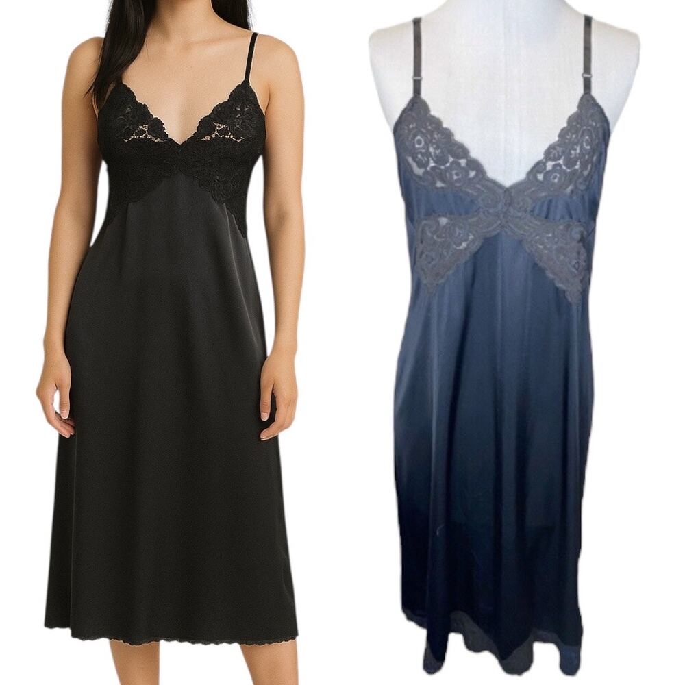 Vintage Vanity Fair Lace Trim Slip Dress Womens 36 Black Whimsigoth Evening Wear